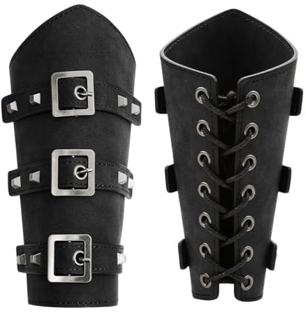 O-Kinee Brazaletes Vikingos Punk de Hecho A Mano，Ajustable Brazalete Medievales de Piel Vikinga，Armadura Medieval Retro Brazales de Cuero，Accesorio de Disfraz de Fiesta Cosplay Carnaval,Negro