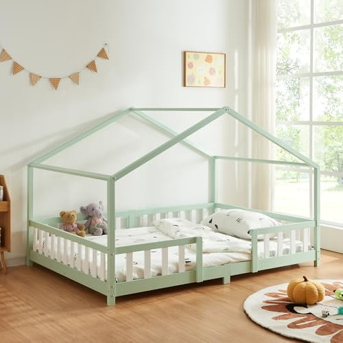 [en.casa] Letto per Cameretta a Forma di Casetta con Barriera di Protezione Letto Francese per Bambini Struttura in Legno di Pino 140 x 200 cm Menta Verde/Bianco