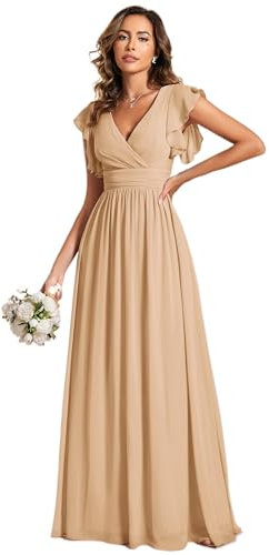 Ever-Pretty Women's Elegant Long Bridesmaid Wedding Guest Dress Chiffon A-Line Ruffles Sleeve Champagne20UK
