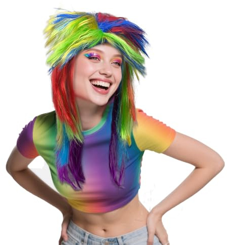 TUONYIS Perücke Regenbogenfarben Lang Glattes Haar, Fancy Dress Perücke Synthetisches Haar, 80er-Jahre-Stil, für Damen Herren zum Fasching Karneval, Alltag, Anime, Cosplay, Halloween (Regenbogen)