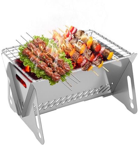 dellyy Klappgrill Edelstahl, Grill Portable, Mini Grill, Camping Grill, Reisegrill Geeignet für Außenbereich, Garten und andere Orte, Geeignet für 1–2 Personen