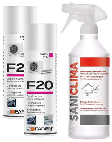 Trattamento Igienizzante per Climatizzatori, Faren F20 e Saniclima Detergente, rimuove sporco, germi, batteri, rinfresca e purifica l'aria (Saniclima + 2pz Igienizzante F20)