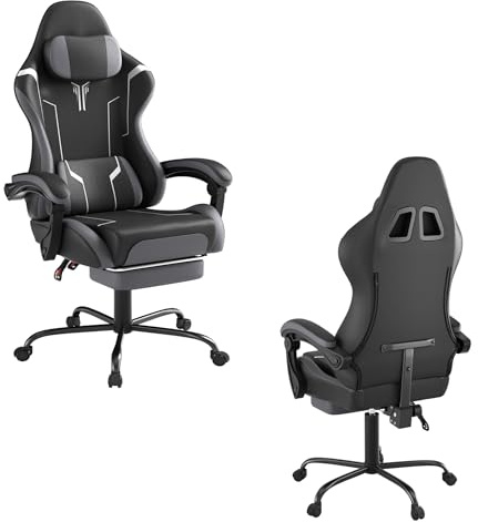UISEBRT Sedia da gioco ergonomica con massaggio e poggiapiedi, comoda poltrona da gioco, sedia da gioco, schienale regolabile, poggiatesta e cuscino lombare massaggiante - nero e bianco e grigio