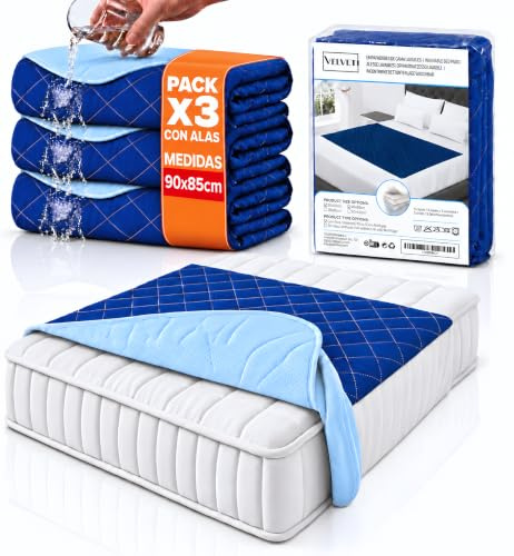 Pack x3 Empapadores Cama Adultos Lavables (90x85 cm) con Alas – 5 Capas Ultra Absorbentes, Empapadores Grandes y Reutilizables VELVETI® – Ayuda para la Incontinencia de Adultos, Niños y Mayores