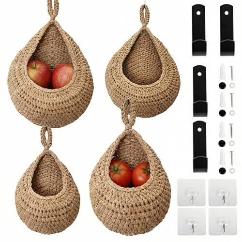 Gykutix Lot de 4 Panier Suspendu Mural Woven Hanging Storage Baskets, Panier Mural Fait Main Tressée avec Crochets pour Ranger les Fruits et Légumes, Organiser et Décorer