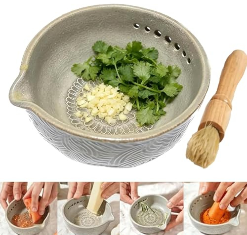 Handmade Garlic Grater Herb Bowl, 2-in-1 Multi-functional Kitchen Grater Tool with 7 Hole Sizes for Fresh Garlic Ginger Herbs Lemon Zest Cheese, Effortless Kitchen Prep and Minimal Mess