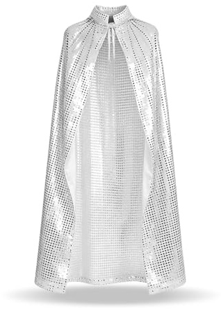 RAOPNHS Glitzer Umhang Damen, 140cm Discokugel Kostüm Silber mit Pailletten, Funkelndes Karneval Kostüm Zubehör Cape für Fasching Party und Festival Auftritt