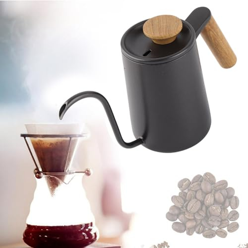 Aumotop Wasserkocher mit Auslauf aus Poliertem Edelstahl mit Langem Schwanenhalsauslauf für Präzisen Wasserfluss, Verbrühungshemmender Holzgriff, Modernes Design (Schwarz)