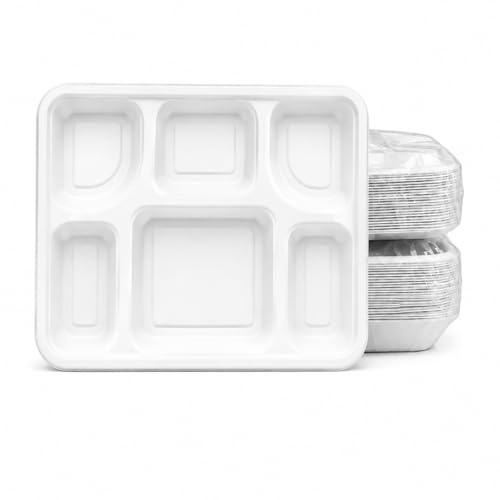 Greenplatter Heavy Duty Bagasse Tray 6 Compartment (Pack of 25) | Eco Friendly Disposable, Compostable, Microwave & Freezer Safe