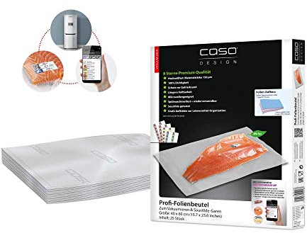 CASO Profi- Folienbeutel 40x60 cm / 25 Beutel, für alle Vakuumierer, BPA-frei, sehr stark & reißfest ca. 150µm, aromadicht, kochfest, Sous Vide, wiederverwendbar, inkl. Food Manager Sticker