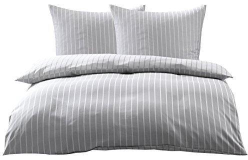 Bettwaesche-mit-Stil Mako Satin Damast Streifen Wendebettwäsche Santiago gestreift (Silber - grau, 240cm x 220cm + 2X 80cm x 80cm)