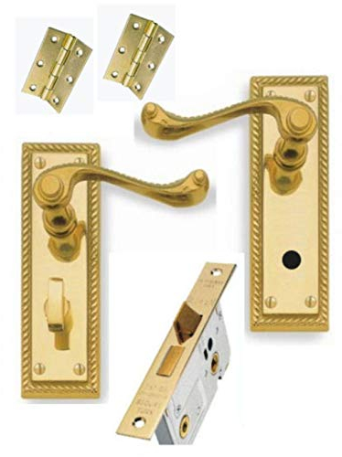Golden Grace Georgian Brass Lever Bathroom Door Handles + 64mm Bathroom Lock + 3 Hinges