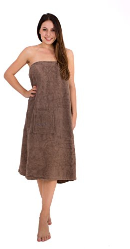 Julie Julsen Saunakilt für Damen 90 x 150 cm Druckknöpfen und Gummizug 100% Baumwolle Tasche aufgesetzt Walnuss