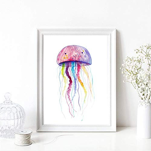 Din A4 Kunstdruck ungerahmt - Qualle Kawaii Anime Meerestier Maritim Japan Aquarell Pastell Geschenk Druck Poster Bild