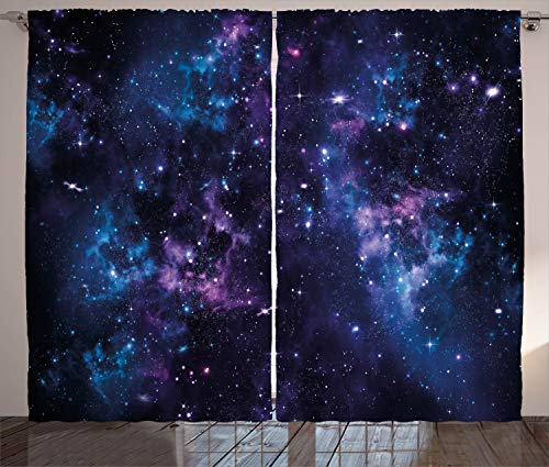 ABAKUHAUS Platz Rustikaler Gardine, Mystischer Himmel mit Stern, Schlafzimmer Kräuselband Vorhang mit Schlaufen und Haken, 280 x 225 cm, Dunkles Indigo