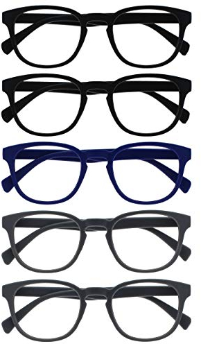 OPULIZE Pop Lesebrille 5er Pack Keck Rund Matt Rahmen Federscharniere Kratzfest Schwarz Blau Grau Herren Damen RRRRR2-11377 +1.50