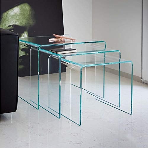 Panana Set of 3 Coffee Table Nesting Coffee End Tables Modern Occasional Side Table Console Tabl for Living Room Office Kitchen Lounge Bedroom, 10mm Tempered Glass Coffee Table (Clear)