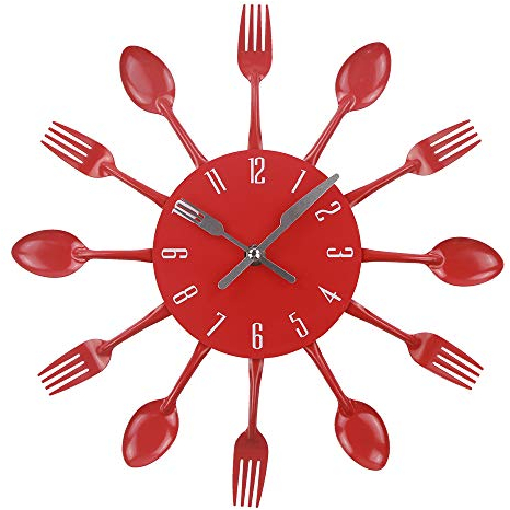 AMAZLIFE Kitchen Wall Clock, 32x32x4CM, Red, Quartz Movement, Silent, Creative Design