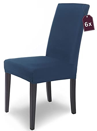 Scheffler Home Premium Stuhlhusse Mia blau 6er Set Stretch Husse für Schwingstühle Waschbarer Microfaser Bezug mit blickdichter Struktur als stilvoller Stuhlüberzug – Öko-Tex Zertifiziert