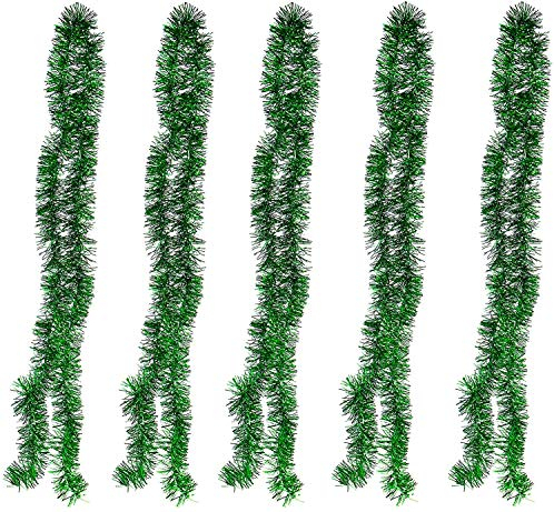 POFET 5 x grüne Lametta-Girlande, Künstliche Weihnachtsgirlande Weihnachtsdeko,2 m lang, metallisch, glitzernd, hängende Dekoration für Weihnachtsbaum, Kranz, Hochzeit, Party