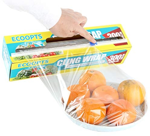 ECOOPTS Cling Film with Dispenser & Cutter | Microwave & Freezer Safe Cling Film | 30cm x300m(The Slide Cutter stored in The Inner core of The roll)