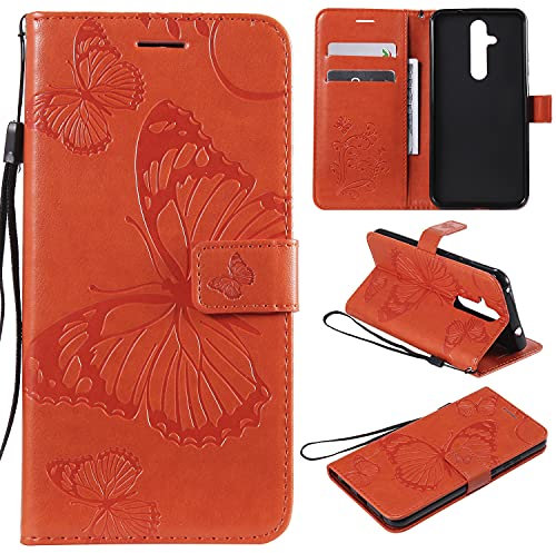 nancencen Handyhülle Kompatibel mit Nokia 8.1 Plus / X71,Geldbörse PU Leder Flip Cover Schutzhülle Hülle Klapphalterungsfunktion -Einfarbig Schmetterling Orange