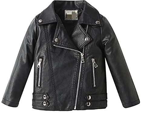 Lengender Giacca da motociclista in ecopelle per bambini, perfetta primavera autunno, 2-9 anni (140, Nero)