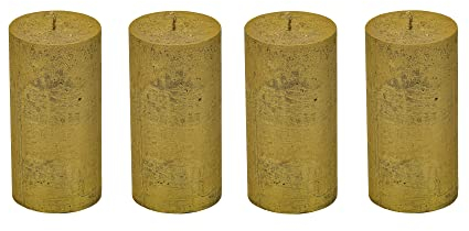 Stumpenkerzen Rustic 4er Set - Stumpenkerze, Blockkerze, Kerze, Adventskranz, Advent - Kein Ruß - Brenndauer: 60 Std. - viele Farben - 7/13 cm (Gold)