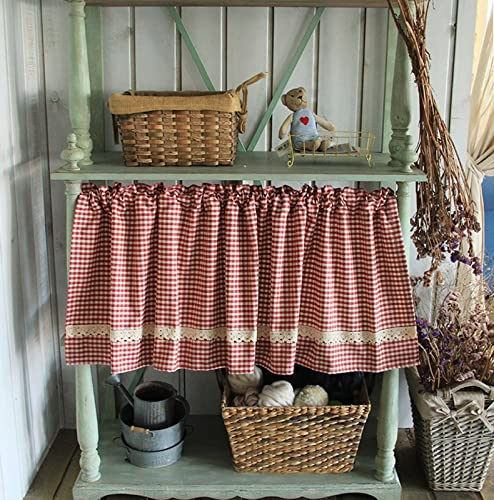 A.Monamour Gardine Scheibengardinen Kurzstores Baumwolle Rot Weiß Karierte Spitze Ländliches Bauernhaus Gingham Kurzvorhang Kurzgardinen Küchengardine Küchenvorhang Volants Küche Fenster Kurz Vorhang