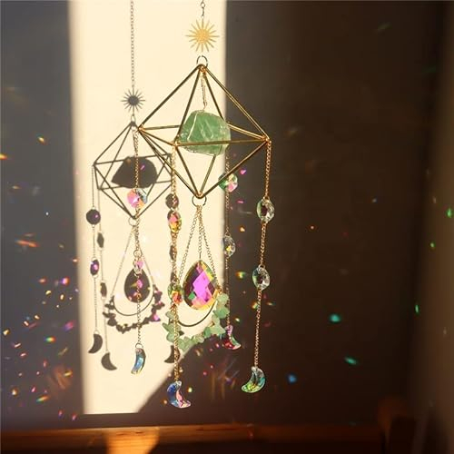 Kristall-Sonnenfänger für Fenster, grüner Fluorit-Edelstein-Sonnenfänger zum Aufhängen, Regenbogen-Maker, Kristall-Boho-Dekor für drinnen und draußen, Naturstein (Grüner Fluorit)