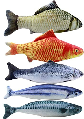 Cozlly 5PCS Catnip Chewing Fish Toys - 20CM Pet Teeth Cleaning Interactive Plush Pillow for Cats and Dogs
