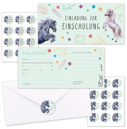 younikat 10 Einladungskarten Einschulung Pferde DIN Lang - dv1113 | mit Umschlägen, mit Aufklebern, beschreibbare Rückseite, Geburtstag