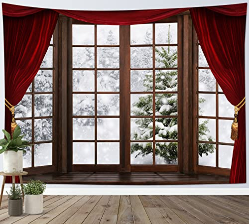 LB Wandteppich Der schneebedeckte Wald Wandtuch Winter Blick aus dem Fenster Wandbehang Grüne Kiefer auf dem Berg Tapisserie für Wohnzimmer Schlafzimmer Wohnheim Wanddeko,200x150cm