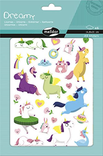 MY MANDARINE AE231C - Packung Dreamy, 6 Stickerbogen 14,8x21 cm, (153 Stickers), Einhörner, 1 Pack