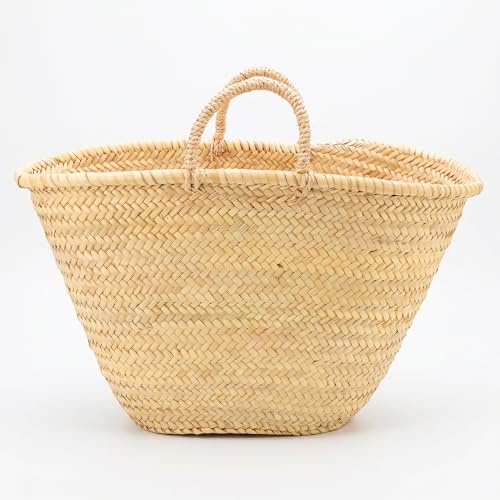 HERSIG Bolso Capazo de Palma de Base Oval - Bolso de Rafia Natural con Asas Cortas de Mano Robustas | 60x28x33/43 cm | Bolsa Cesta Grande Mujer para Playa, Compras, Vacaciones, Picnic, Diario