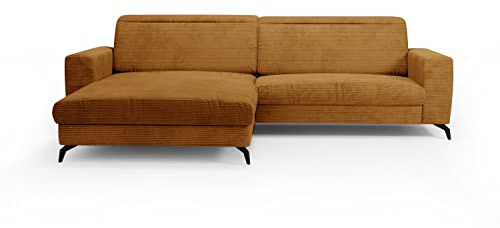 CAVADORE Ecksofa Bounce mit Cord-Bezug / Eckcouch mit Longchair + mattschwarzen Metallfüßen / 290 x 88 x 178 / Breitcord, Gold-Gelb