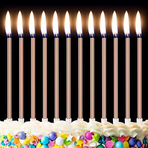Gold Birthday Candles for Cakes,12 Pieces Metallic Glitter Cake Candles Tall Birthday Cake Candles with Holder for Birthday Wedding Party Decoration (Champagne)