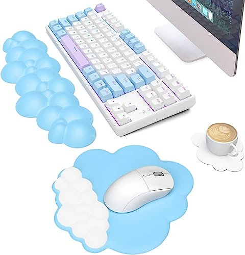 Ergonomique Clavier Repose-Poignet,Tapis de Souris et Dessous de Verre,Base en Caoutchouc Antidérapant et Mousse à Mémoire,Saisie Facile et Soulagement de la Douleur,pour Les Jeux,Bureau-Bleu Blanc