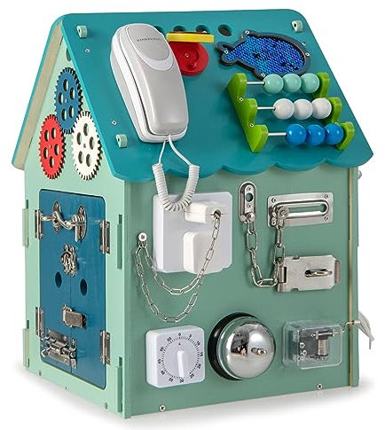 Maxmass Wooden Busy House, Kids Montessori Sensory Toy Activity Board with Interior Storage Space, Toddlers Educational Learning Toy for Fine Motor Skills (Blue)