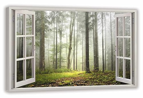 HUBDECO Leinwandbild Fensterblick Nebelwald Bild 120x80 cm - Landschaftsbilder auf Leinwand - Wandbilder Wohnzimmer - Bild Fenster mit Ausblick - Aesthetic Room Decor - Wanddeko Schlafzimmer