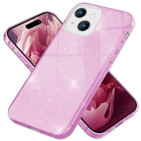 NALIA Glitzerhülle für iPhone 15 - Grip - Hülle, Lila | Partikel fest im Material eingeschlossen, 3-Schicht-Schutzaufbau mit Hardcase-Kern, Erhöhter Kamerarand, SHINEPOP