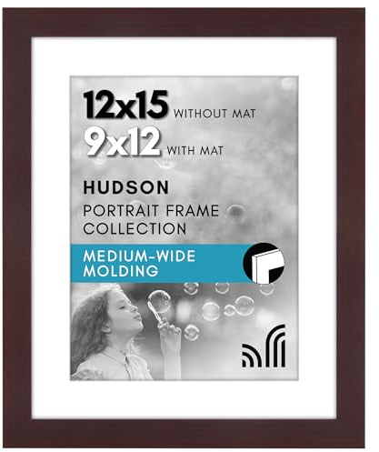 Americanflat 12x15 Picture Frame with Shatter-Resistant Glass - Use as 9x12 Frame with Mat or Display 12x15 Photo Without Mat - Hudson Collection - Wide Picture Frames for Wall Display - Mahogany