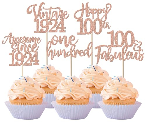 SYKYCTCY 24 Pack 100th Birthday Cupcake Toppers Glitter One Hundred 100 Fabulous Vintage 1926 Cupcake Picks Awesome Since 1926 Cake Decorations for 100th Birthday Anniversary Party Supplies