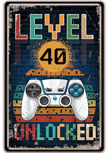Retro Blechschild 40. Geburtstag Mann Frau, SCHILD Level 40 UNLOCKED, Geschenke für den 40 Geburtstag Mann Lustiges Geburtstagsschild 40, Gamer Geburtstagskarte 40 Vintage Metallschild 20x40 cm