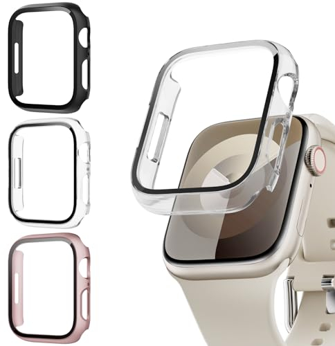 Lovmunia 3-Stück Schutzhülle mit Displayschutzfolie Kompatibel mit Apple Watch Series 9/8/7 45mm, Rundum Ultradünne Hard Gehäuse Eingebaut Kratzfest Gehärtetes Glas Schutzfolie für iWatch 45mm