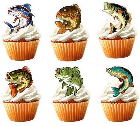 Bijeoda 18pcs Fishing Glitter Cupcake Toppers for Boys Men Birthday Cake Decorations