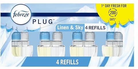 Febreze Plug In Air Freshener, Odor-Fighting Scented Oil Refill, Linen & Sky Scent, 4 Refills