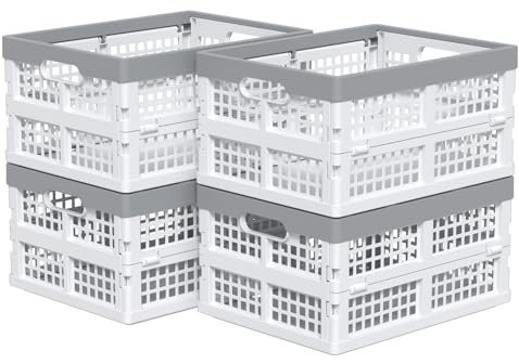 Uumitty 4 Packs 15 Liter Small Collapsible Heavy Duty Storage Bin/Container, Plastic Stackable Utility Folding Crate Basket, White