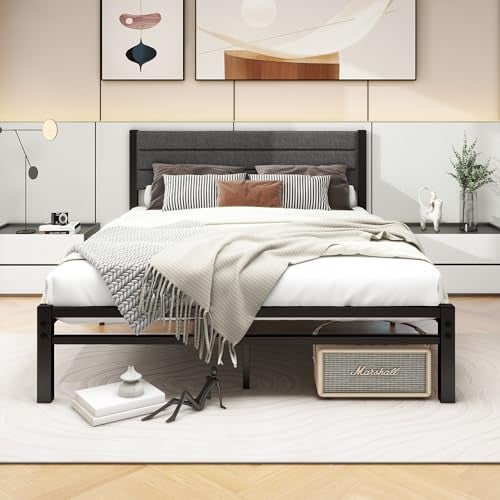 Diahomy Double Bed Frame Upholstered Platform Bed/Metal Slats Support/No Box Spring Needed/Underbed Storage/Easy Assembly/Dark Gray