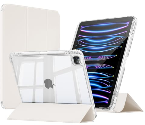 ZKTUYU Custodia per iPad Pro da 11 pollici, modello 2022/2021/2020 (4°/3°/2° generazione), telo posteriore rimovibile completamente trasparente, supporto penna 2 ricarica, bianco crema